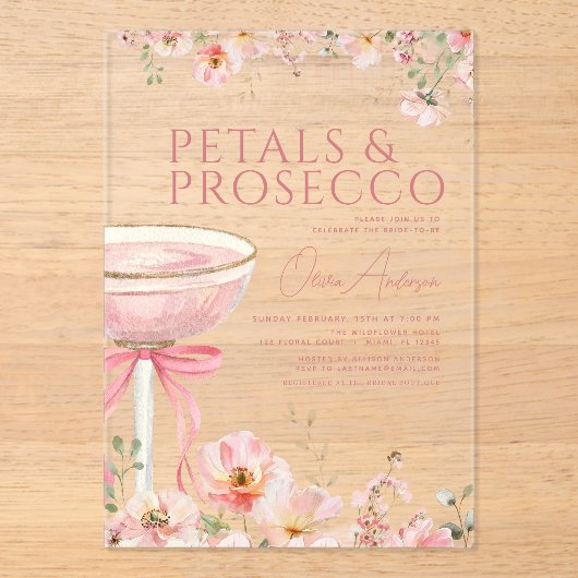 Roze Bow Petals & Prosecco Blush Vrijgezellenfeest Acryl Uitnodigingen (Voorkant)