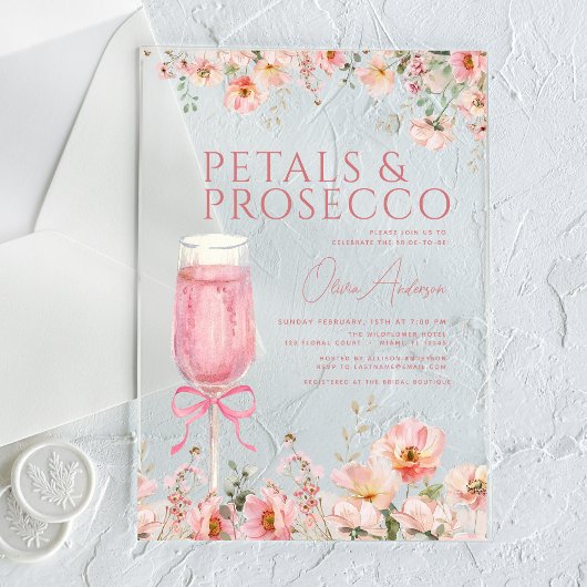 Roze Bow Petals & Prosecco Blush Vrijgezellenfeest Acryl Uitnodigingen