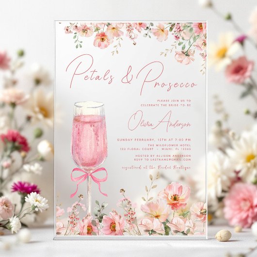 Roze Bow Petals & Prosecco Blush Vrijgezellenfeest Acryl Uitnodigingen