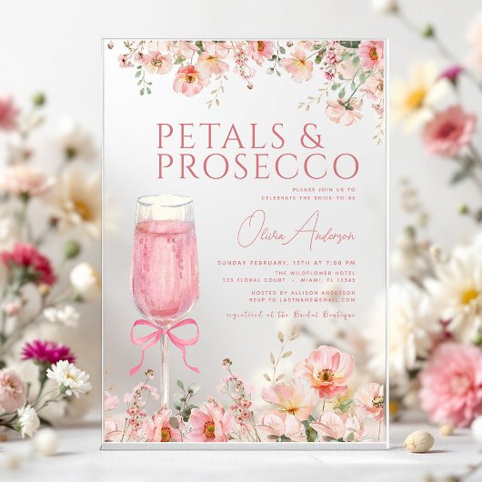 Roze Bow Petals & Prosecco Blush Vrijgezellenfeest Acryl Uitnodigingen