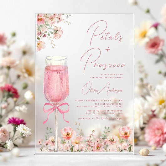 Roze Bow Petals & Prosecco Blush Vrijgezellenfeest Acryl Uitnodigingen