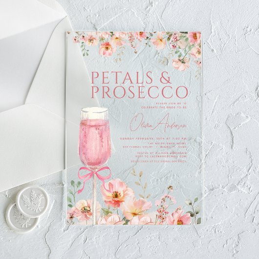 Roze Bow Petals & Prosecco Blush Vrijgezellenfeest Acryl Uitnodigingen