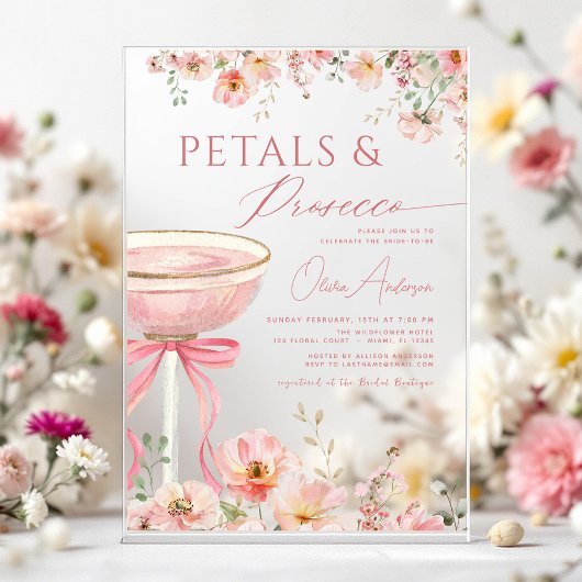 Roze Bow Petals & Prosecco Blush Vrijgezellenfeest Acryl Uitnodigingen