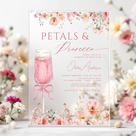 Roze Bow Petals & Prosecco Blush Vrijgezellenfeest Acryl Uitnodigingen