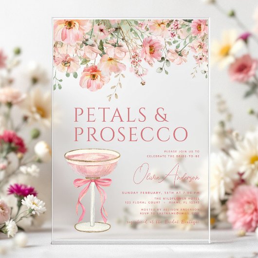 Roze Bow Petals & Prosecco Blush Vrijgezellenfeest Acryl Uitnodigingen