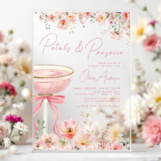 Roze Bow Petals & Prosecco Blush Vrijgezellenfeest Acryl Uitnodigingen