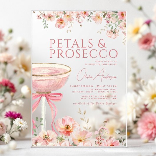 Roze Bow Petals & Prosecco Blush Vrijgezellenfeest Acryl Uitnodigingen
