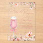 Roze Bow Petals & Prosecco Blush Vrijgezellenfeest Acryl Uitnodigingen (Voorkant)