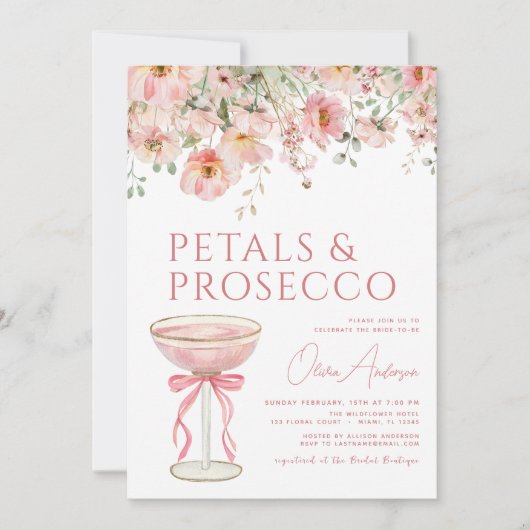 Roze Bow Petals & Prosecco Blush Vrijgezellenfeest Kaart (Voorkant)