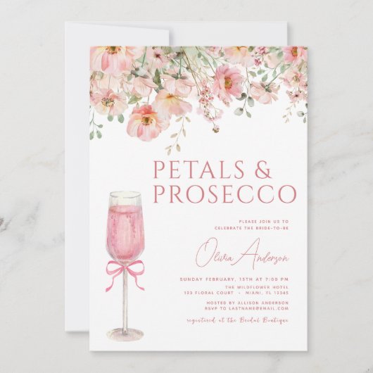 Roze Bow Petals & Prosecco Blush Vrijgezellenfeest Kaart (Voorkant)