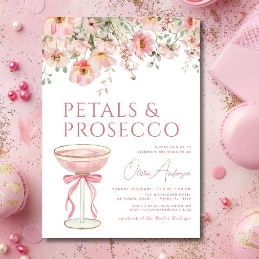 Roze Bow Petals & Prosecco Blush Vrijgezellenfeest Kaart