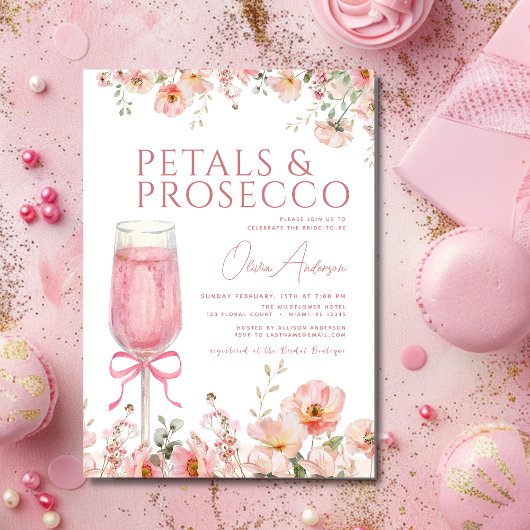 Roze Bow Petals & Prosecco Blush Vrijgezellenfeest Kaart