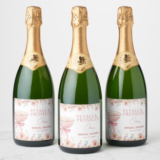 Roze Bow Petals & Prosecco Blush Vrijgezellenfeest Sparkling Wijnetiket (Flessen)