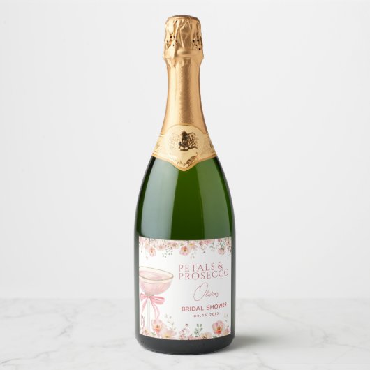 Roze Bow Petals & Prosecco Blush Vrijgezellenfeest Sparkling Wijnetiket (Voorkant)
