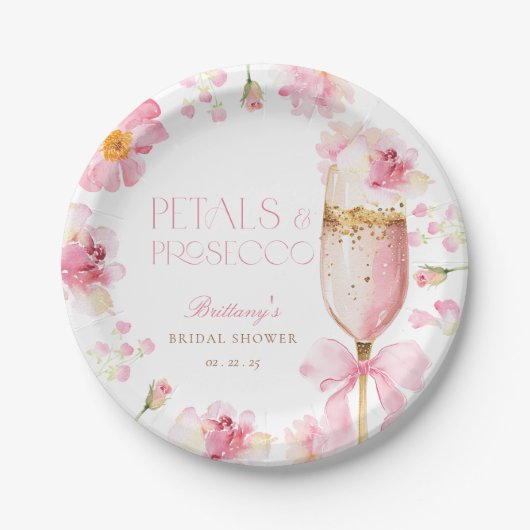Roze Bow Petals Prosecco Vrijgezellenfeest Papieren Bordje (Voorkant)