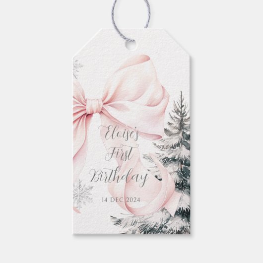 Roze Bow Pine Trees Winter Onederland 1e verjaarda Cadeaulabel (Voorkant)