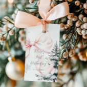 Roze Bow Pine Trees Winter Onederland 1e verjaarda Cadeaulabel