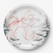 Roze Bow Pine Trees Winter Onederland 1e verjaarda Papieren Bordje (Voorkant)