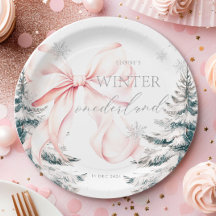 Roze Bow Pine Trees Winter Onederland 1e verjaarda