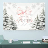 Roze Bow Pine Trees Winter Onederland 1e verjaarda Spandoek (Beurs)