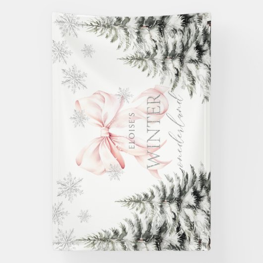 Roze Bow Pine Trees Winter Onederland 1e verjaarda Spandoek (Verticaal)