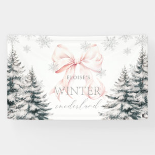 Roze Bow Pine Trees Winter Onederland 1e verjaarda Spandoek