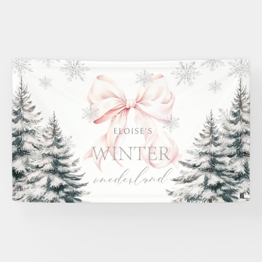 Roze Bow Pine Trees Winter Onederland 1e verjaarda Spandoek (Horizontaal)