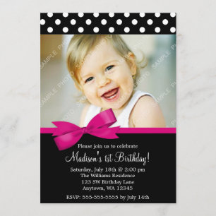 Roze Bow Polka Dots 1st Birthday Girl Foto Kaart