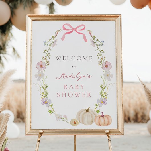 Roze Bow Pompoen Bloemen Baby shower Welkomstbord Poster
