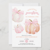 Roze Bow Pompoen Meisje 1e Verjaardagsfeest Kaart (Voorkant)