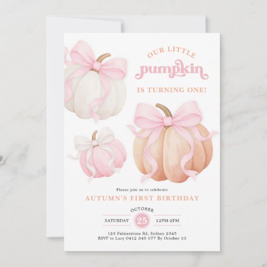 Roze Bow Pompoen Meisje 1e Verjaardagsfeest Kaart (Voorkant)