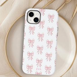 Roze Bow Preppy Coquette Patroon Monogram Initiale Case-Mate iPhone 14 Plus Hoesje