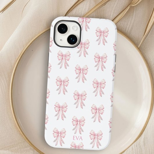 Roze Bow Preppy Coquette Patroon Monogram Initiale Case-Mate iPhone Case