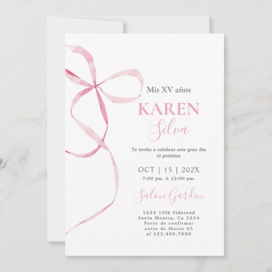 Roze Bow Quinceanera uitnodiging (Voorkant)