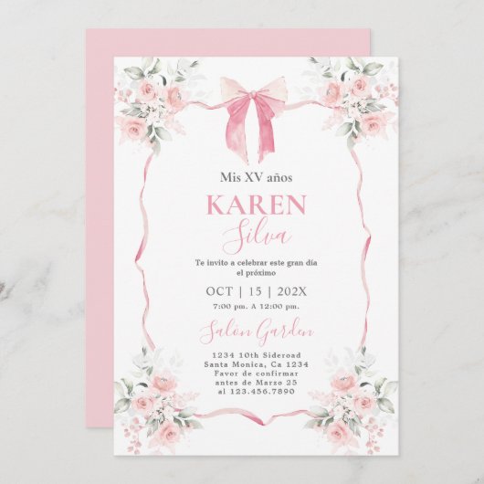 Roze Bow Quinceanera uitnodiging (Voorkant / Achterkant)