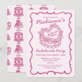 Roze Bow Retro Hart Coquette Cake Bachelorette Kaart (Voorkant / Achterkant)