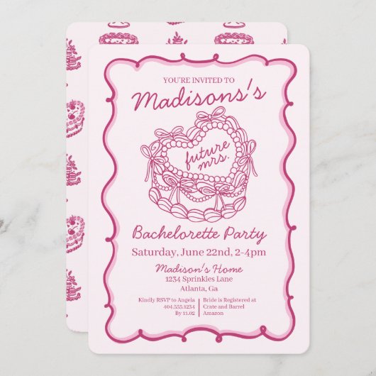 Roze Bow Retro Hart Coquette Cake Bachelorette Kaart (Voorkant / Achterkant)