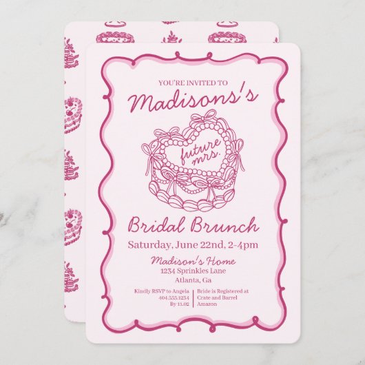 Roze Bow Retro Hart Coquette Cake Bruids Brunch Kaart (Voorkant / Achterkant)