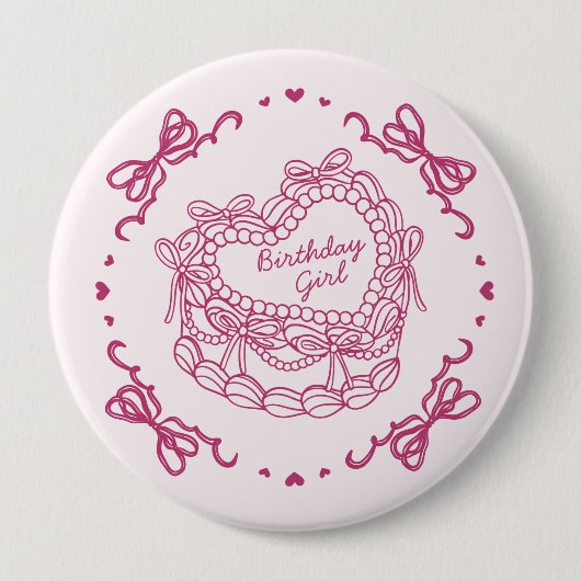 Roze Bow Retro Hart Coquette Cake Verjaardag Meisj Ronde Button 4,0 Cm (Voorkant)