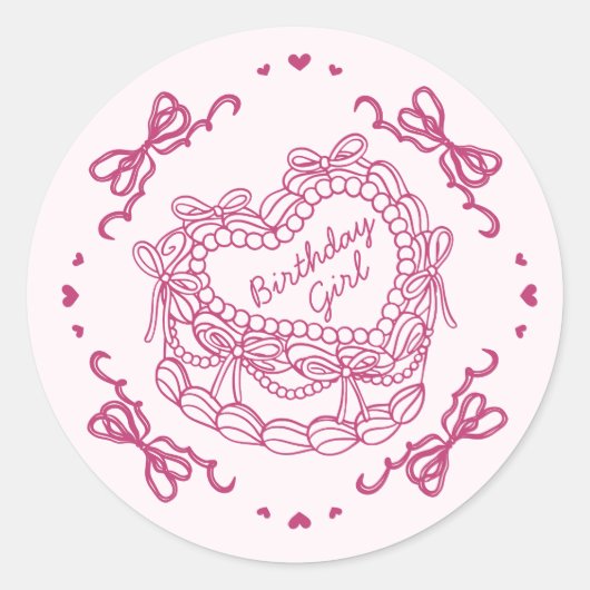 Roze Bow Retro Hart Coquette Cake Verjaardag Meisj Ronde Sticker (Voorkant)
