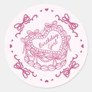 Roze Bow Retro Hart Coquette Cake Verjaardag Meisj Ronde Sticker