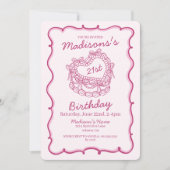 Roze Bow Retro Hart Coquette Taart 21ste Verjaarda Kaart (Voorkant)