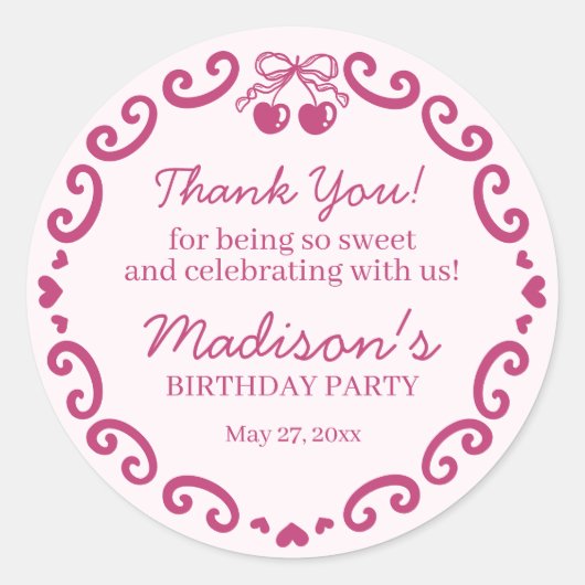 Roze Bow Retro Hart Coquette Taart Verjaardag Ronde Sticker (Voorkant)