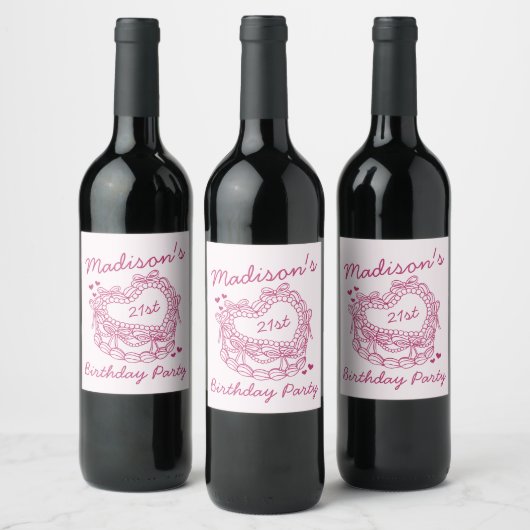 Roze Bow Retro Hart Coquette Taart Verjaardag Wijn Etiket (Flessen)