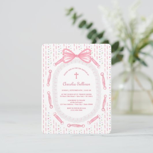 Roze Bow Ribbon Lijst Bloemdoop Kaart (Staand voorkant)