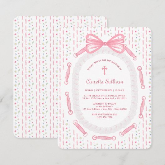 Roze Bow Ribbon Lijst Bloemdoop Kaart (Voorkant / Achterkant)