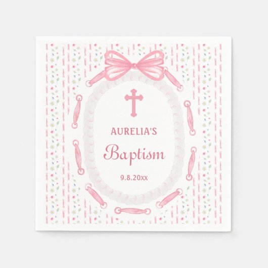 Roze Bow Ribbon Lijst Bloemdoop Servet (Voorkant)