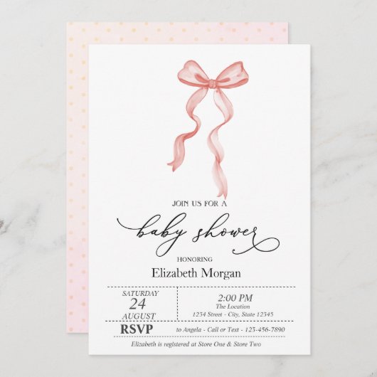 Roze Bow Ribbon Stippen Baby shower Kaart (Voorkant / Achterkant)