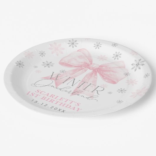 Roze Bow Ribbon Zilveren Winter Onederland Verjaar Papieren Bordje (Gekanteld)