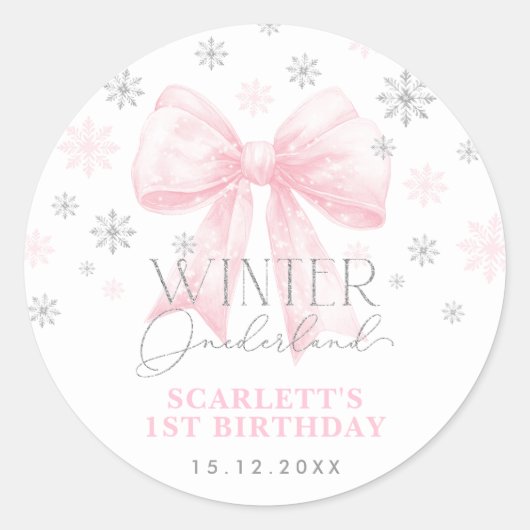 Roze Bow Ribbon Zilveren Winter Onederland Verjaar Ronde Sticker (Voorkant)